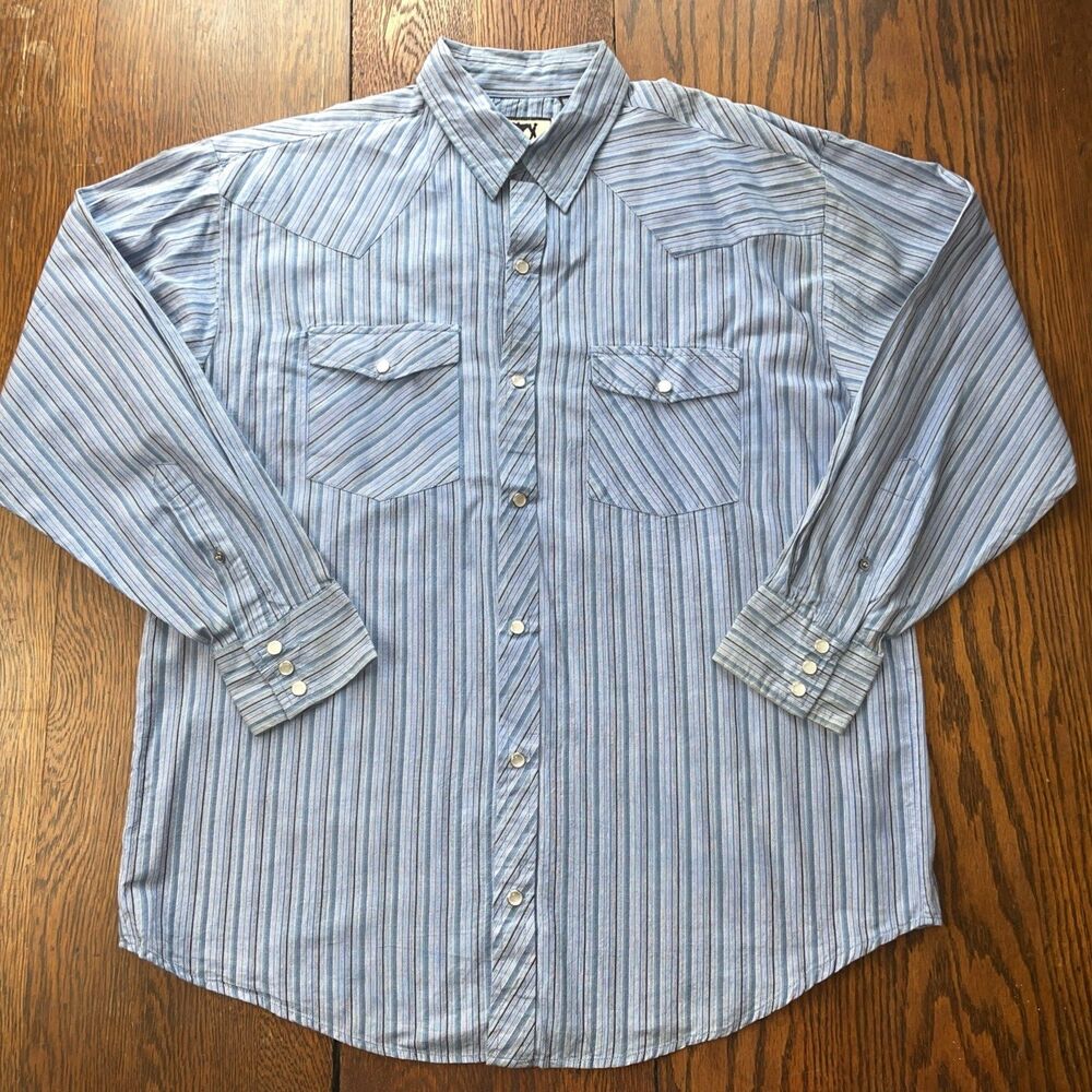 Mens XL Cowboy Shirt Pearl Snaps Long Sleeve Blue Striped Western Trails Cotton